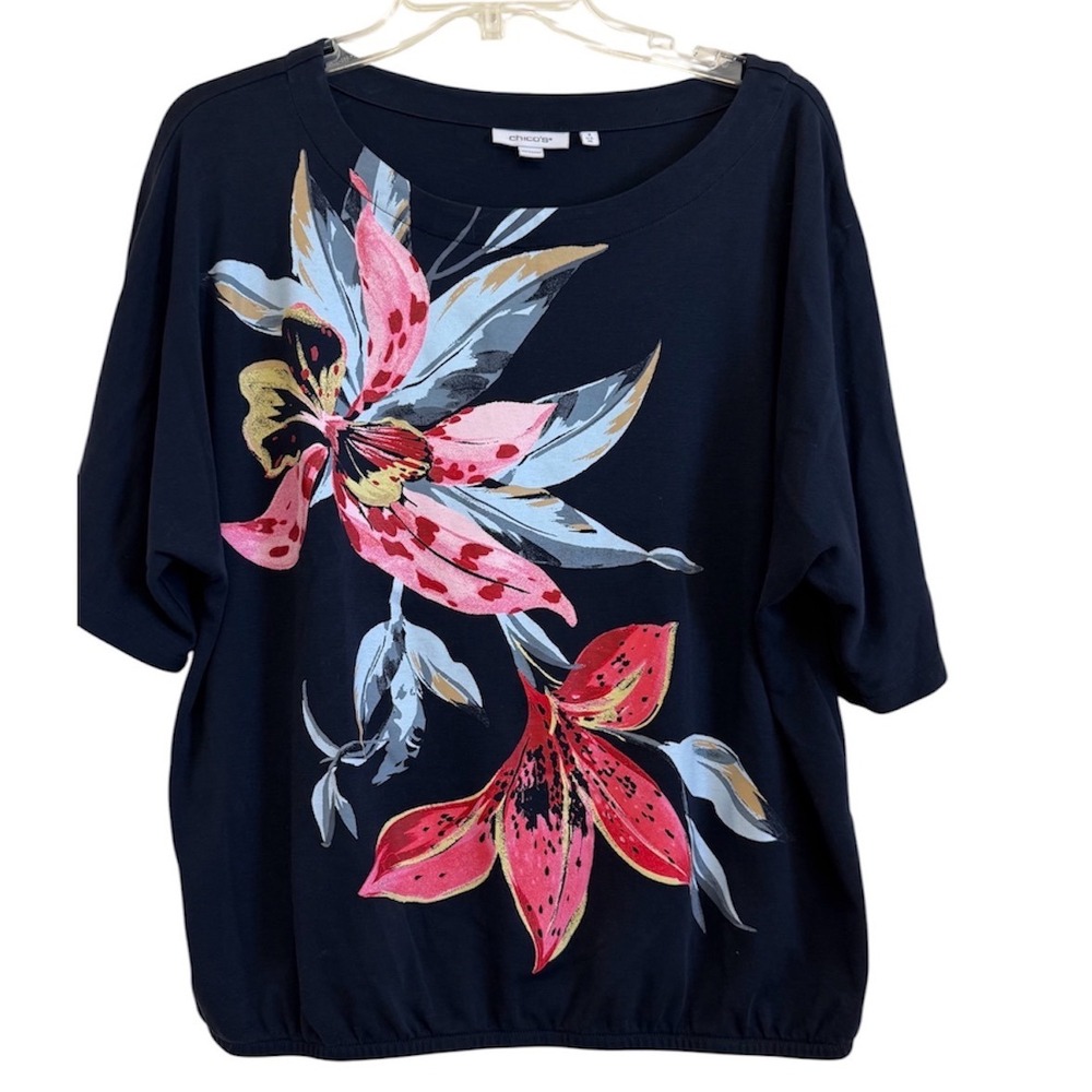 Chicos Navy Blue Floral Cotton Bubble Hem Top Size 3 XL Short Sleeve Dolman